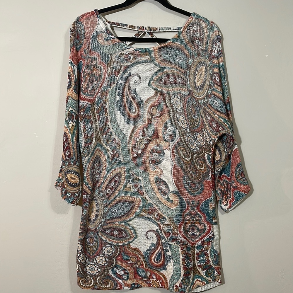 Paisley Print Three-Quarter Sleeve Women's Top in Teal and Rust